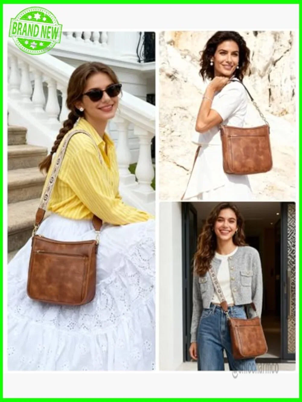 Vegan Leather Crossbody Hobo Bag with 2 Detachable Straps, Multiple Pockets